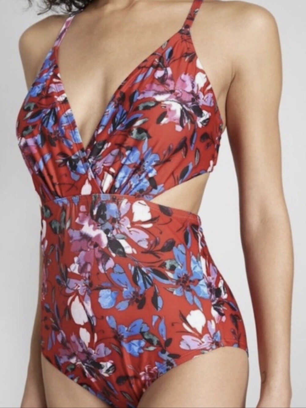 Modcloth The Sonia Floral Red One-Piece Swimsuit with Cutout And Tie Back XL
